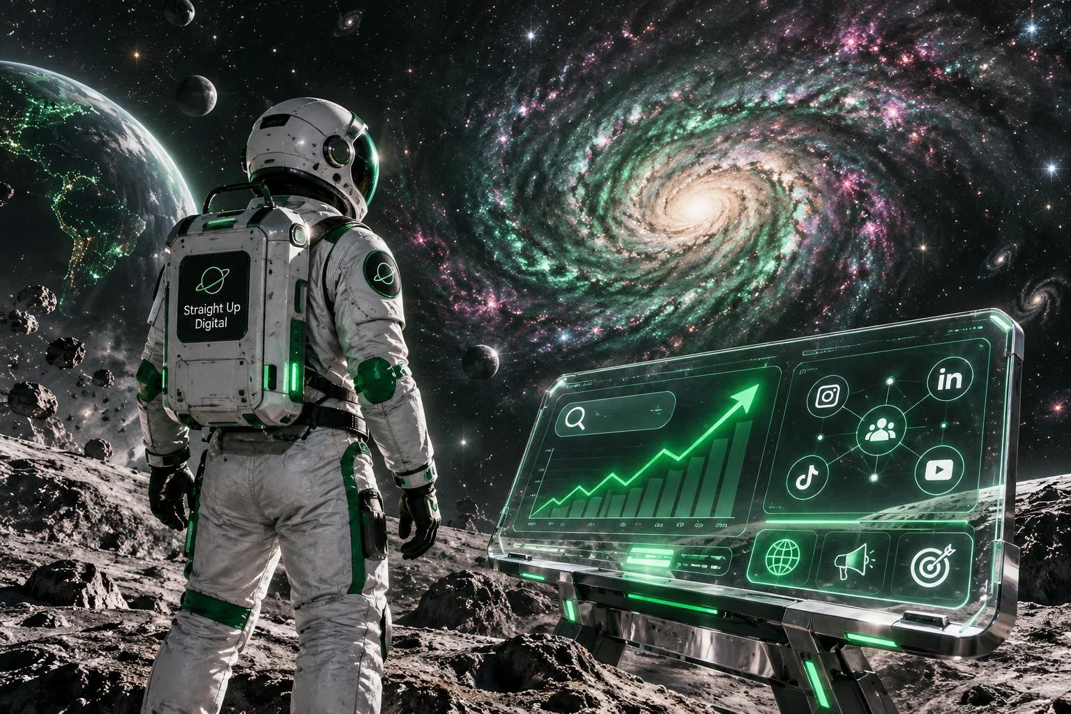Straight Up Digital astronaut beside a marketing console beneath a spiral galaxy