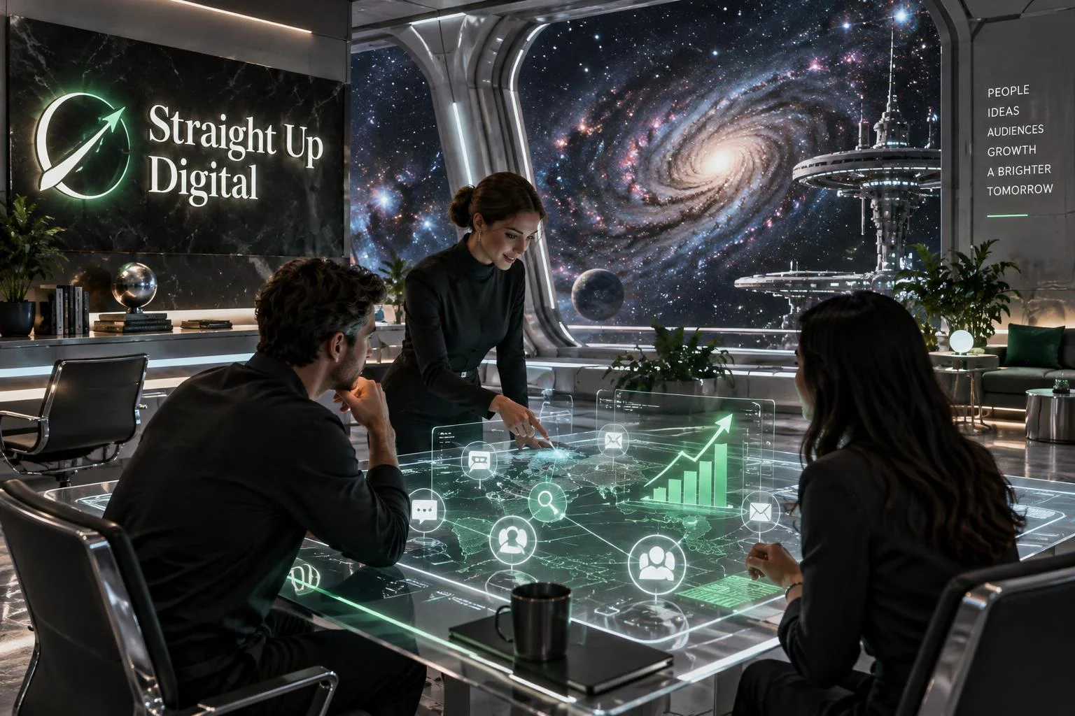 Straight Up Digital marketing team planning campaigns in a space station overlooking a galaxy